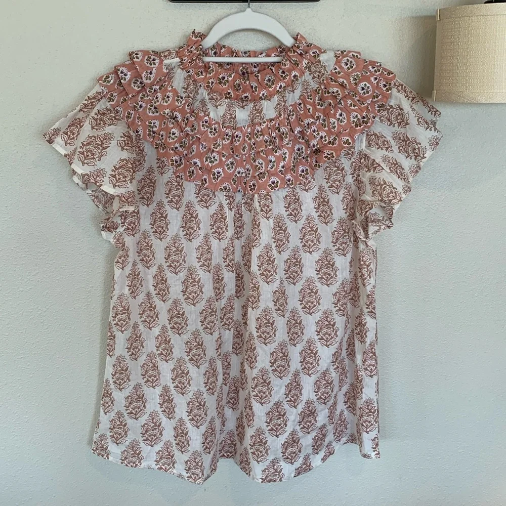 Ruffled High-Neck Floral Blouse - Pink/White - Picture 3 of 10
